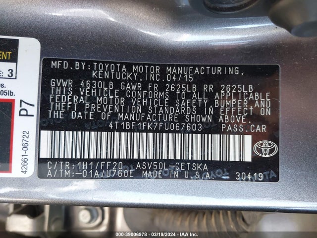 Toyota 2ar-fe 2015 4T1BF1FK7FU067603 Image 9