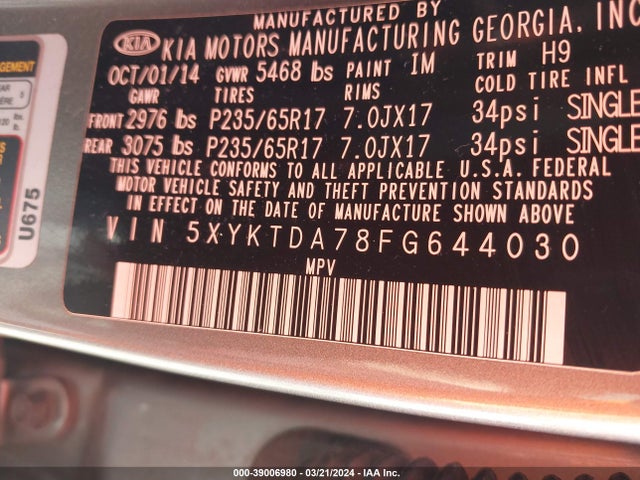 KIA Sorento Lx V6 2015 5XYKTDA78FG644030 Image 9