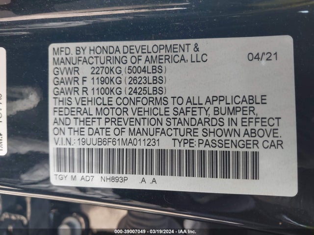 19UUB6F61MA011231 Acura Tlx Advance Package