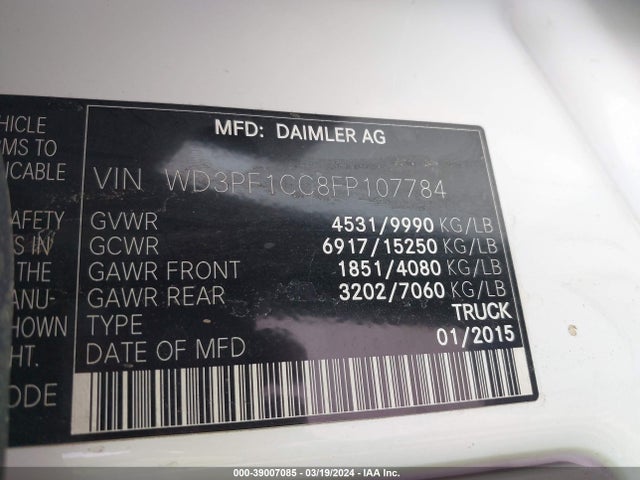 Mercedes-Benz Sprinter 3500 High  Roof 2015 WD3PF1CC8FP107784 Image 9