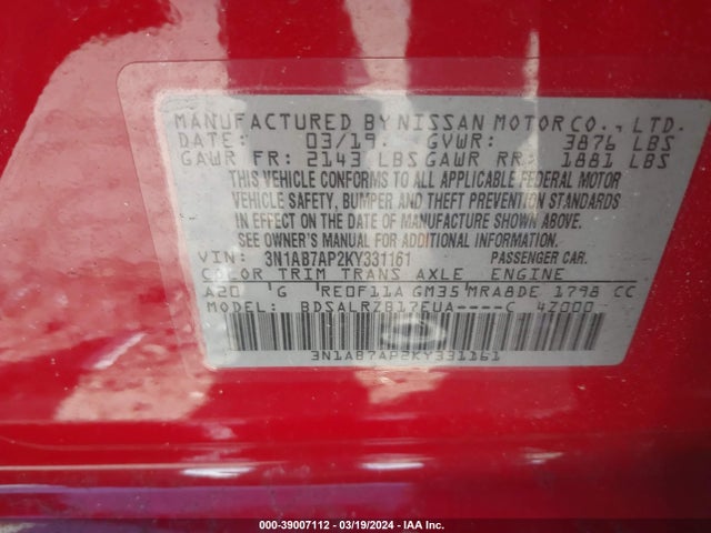 Nissan SENTRA SR 2019 3N1AB7AP2KY331161 Image 9