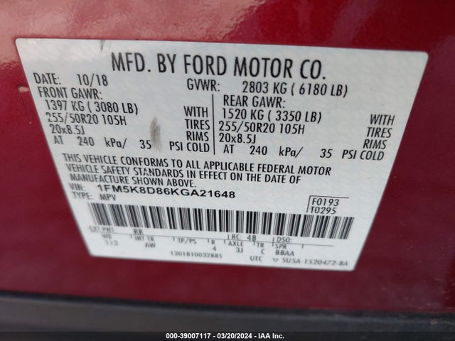 Ford EXPLORER XLT 2019 1FM5K8D86KGA21648 Image 9