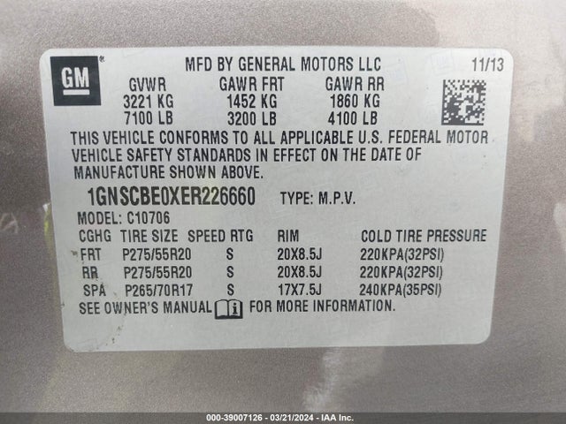 Продаж на аукціоні авто 2014 Chevrolet Tahoe Lt, vin: 1GNSCBE0XER226660, номер лоту: 39007126