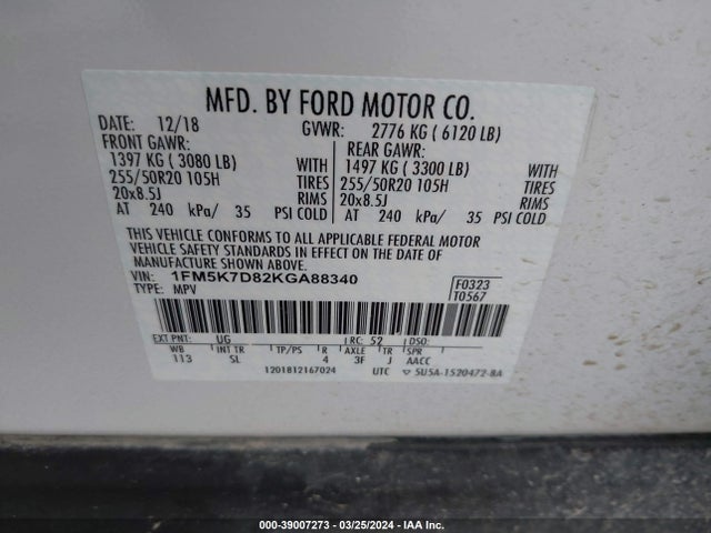 Ford EXPLORER XLT 2019 1FM5K7D82KGA88340 Image 9