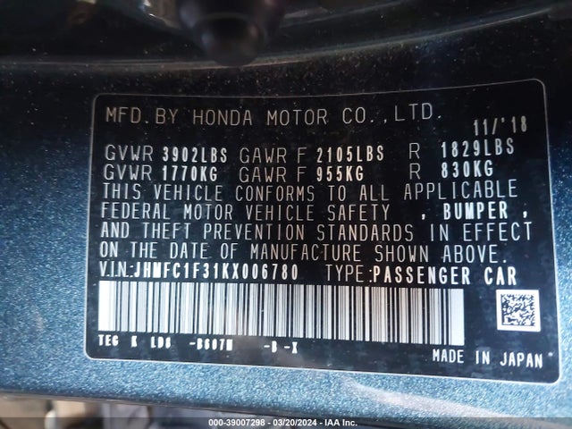Honda CIVIC EX 2019 JHMFC1F31KX006780 Image 9