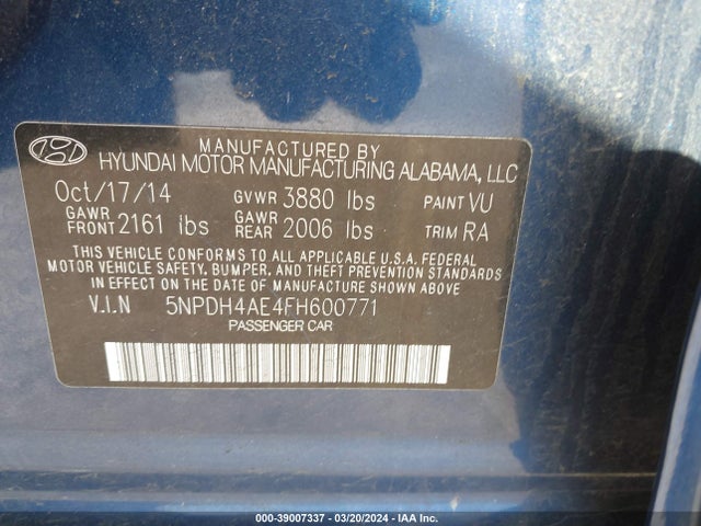 Hyundai ELANTRA SE 2015 5NPDH4AE4FH600771 Image 9