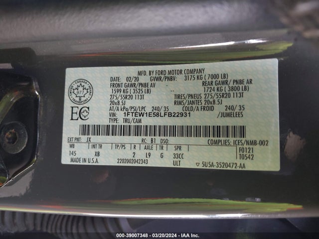 Ford F-150 Xlt 2020 1FTEW1E58LFB22931 Image 9