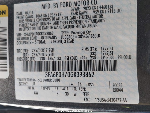 Ford FUSION SE 2016 3FA6P0H70GR393862 Image 9