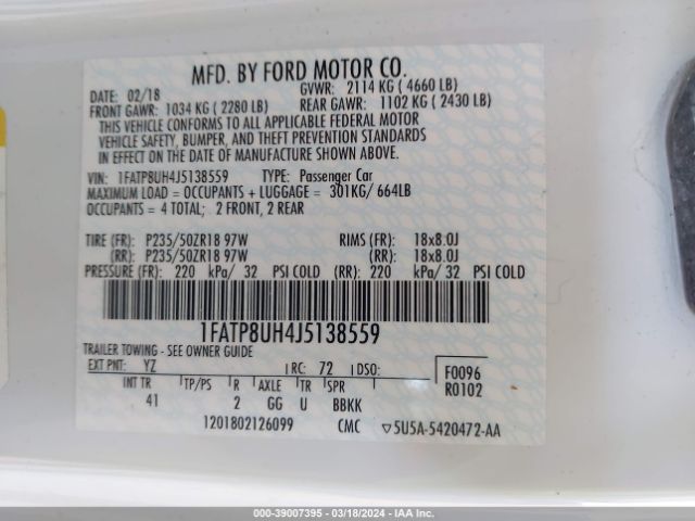 2018 FORD MUSTANG 1FATP8UH4J5138559 Photo 8