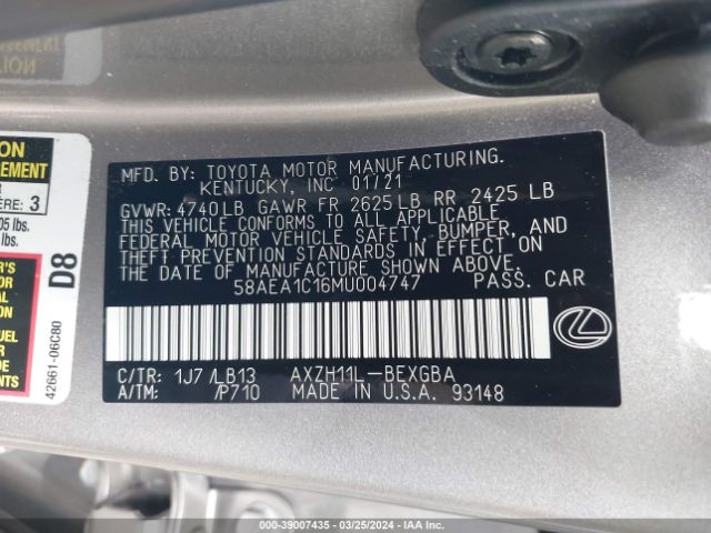 58AEA1C16MU004747 Lexus Es 300h Luxury