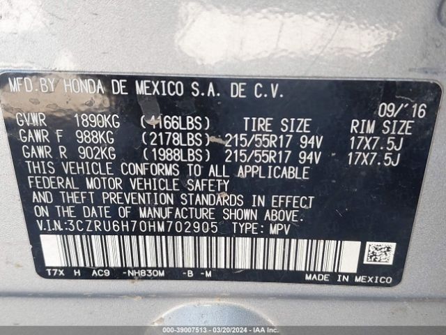 3CZRU6H70HM702905 Honda Hr-v Ex-l