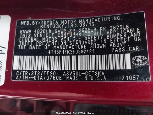 Toyota CAMRY SE 2015 4T1BF1FK3FU982481 Image 9