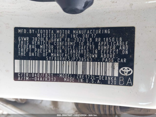 Toyota COROLLA LE 2018 5YFBURHE5JP738563 Image 9