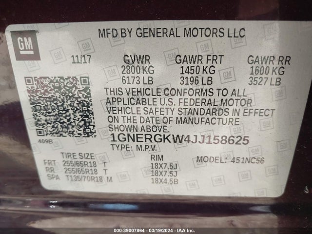Chevrolet Traverse 1lt 2018 1GNERGKW4JJ158625 Image 9