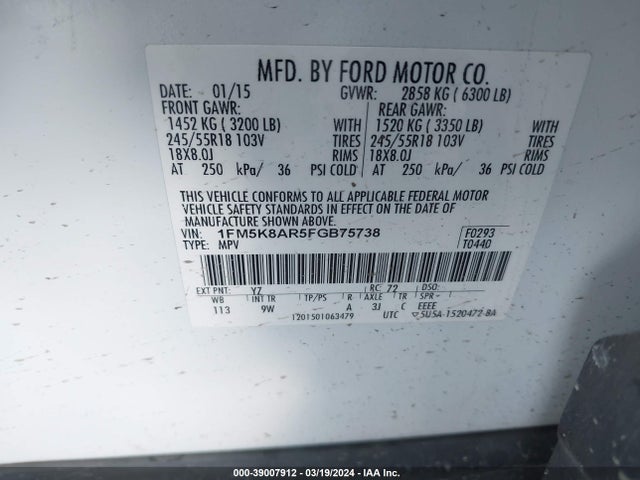 Ford Utility Police Interceptor 2015 1FM5K8AR5FGB75738 Image 9