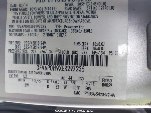 Ford FUSION SE 2014 3FA6P0H9XER297235 Image 9
