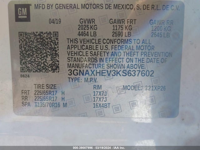 Chevrolet EQUINOX LS 2019 3GNAXHEV3KS637602 Image 9
