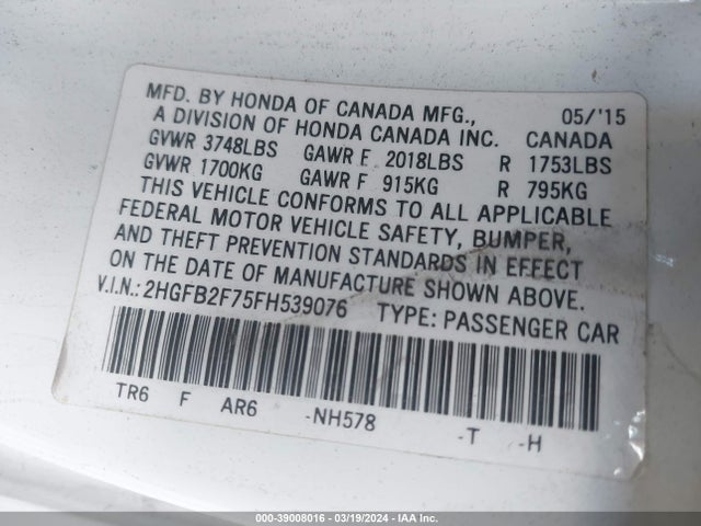 Honda CIVIC SE 2015 2HGFB2F75FH539076 Image 9