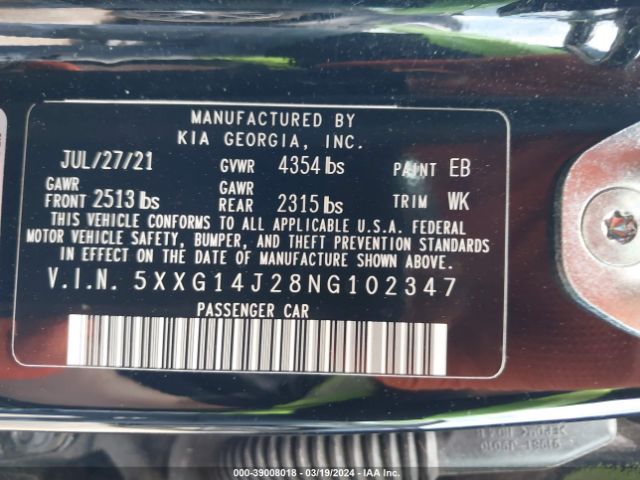 5XXG14J28NG102347 KIA K5 LXS