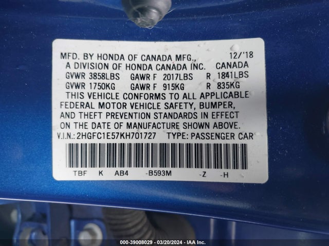 Honda CIVIC SI 2019 2HGFC1E57KH701727 Image 9