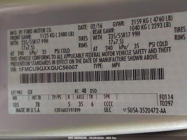 Ford ESCAPE SE 2016 1FMCU9GXXGUC56007 Image 9