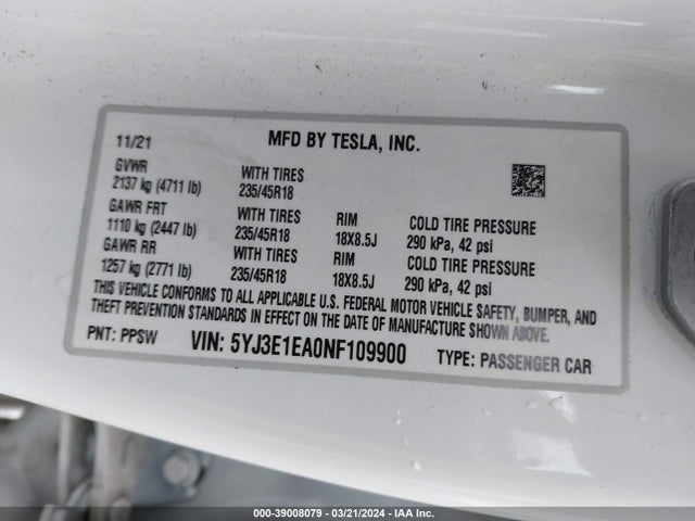 Tesla Model 3 Rear-wheel Drive 2022 5YJ3E1EA0NF109900 Image 9