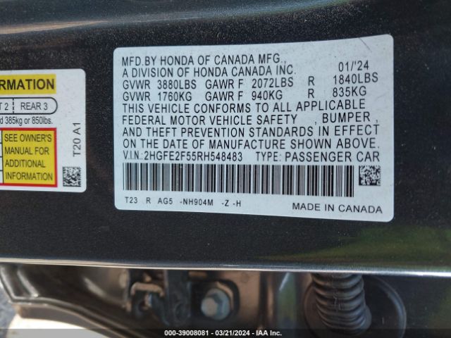 2HGFE2F55RH548483 Honda Civic Sport