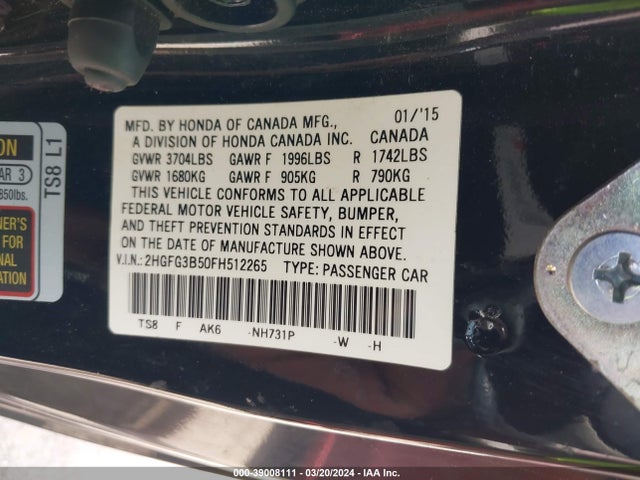 Honda Civic Lx 2015 2HGFG3B50FH512265 Image 9
