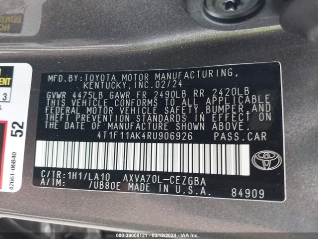 Toyota CAMRY XLE 2024 4T1F11AK4RU906926 Image 9