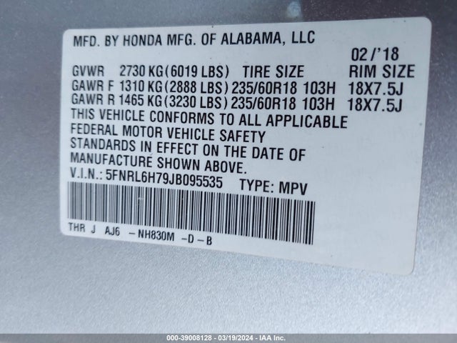 Honda Odyssey Ex-l 2018 5FNRL6H79JB095535 Image 9