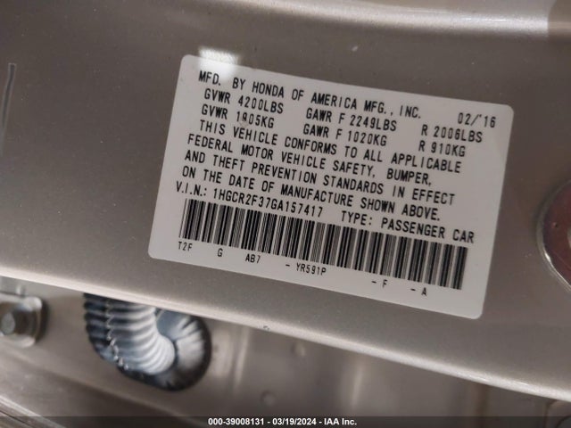 Honda ACCORD LX 2016 1HGCR2F37GA157417 Image 9