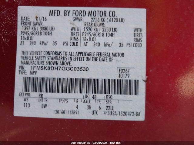 Ford EXPLORER XLT 2016 1FM5K8DH7GGC03530 Image 9