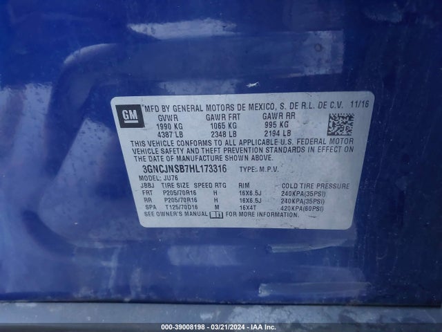 Chevrolet TRAX LS 2017 3GNCJNSB7HL173316 Image 9