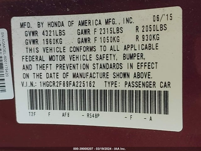 Honda Accord Ex-l 2015 1HGCR2F89FA225162 Image 9