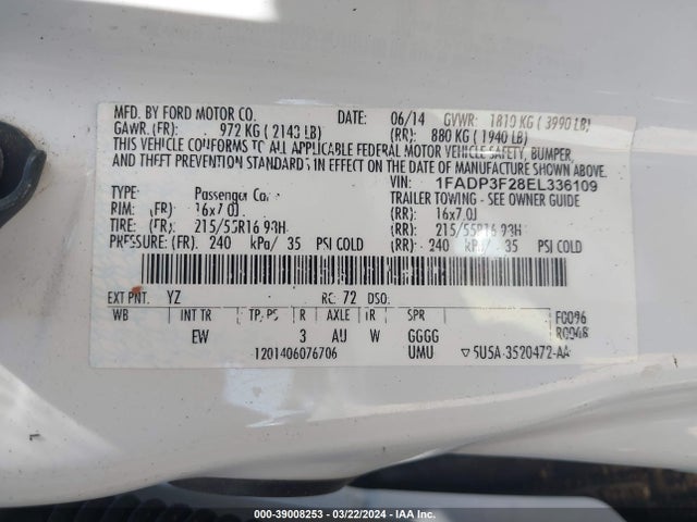 Ford FOCUS SE 2014 1FADP3F28EL336109 Image 9