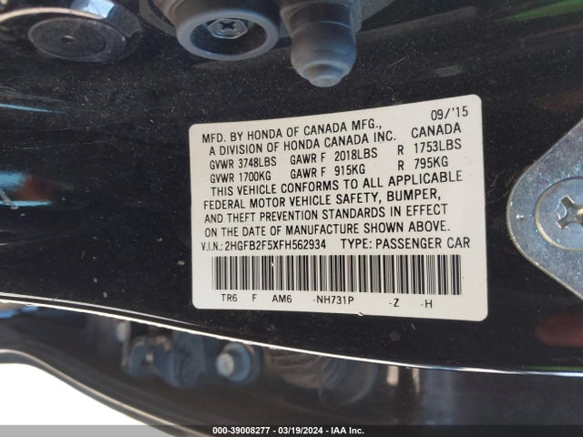 Honda Civic Lx 2015 2HGFB2F5XFH562934 Image 9