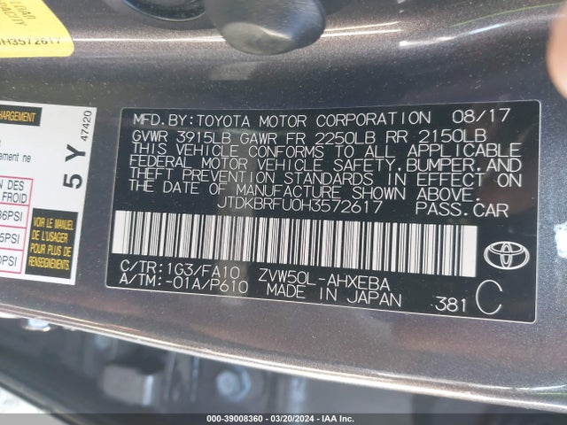 Toyota Prius Two 2017 JTDKBRFU0H3572617 Image 9