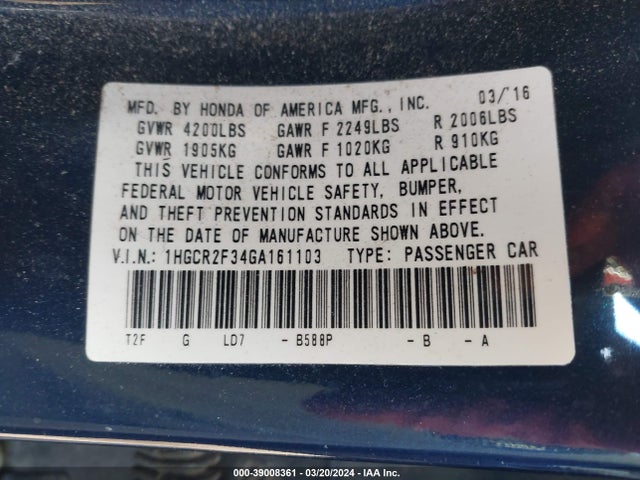 Honda ACCORD LX 2016 1HGCR2F34GA161103 Image 9
