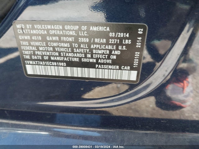 Volkswagen Passat 1.8t Wolfsburg Edition 2014 1VWAT7A31EC081963 Image 9
