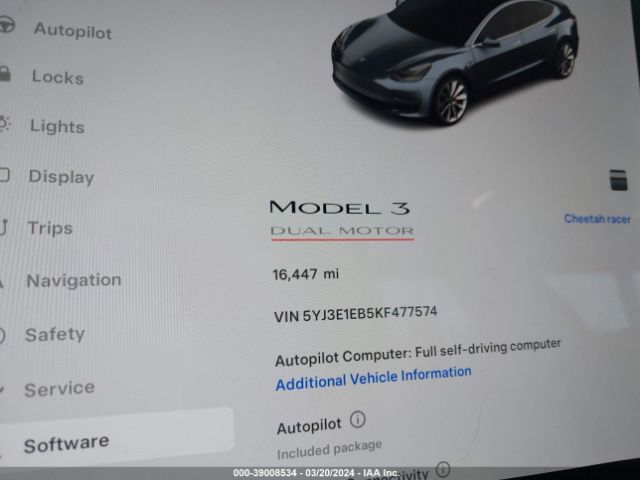 5YJ3E1EB5KF477574 Tesla Model 3 Long Range/performance