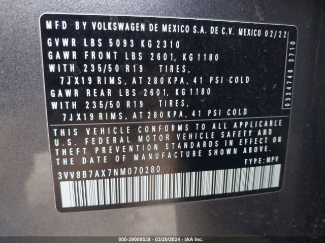 3VV8B7AX7NM070280 Volkswagen Tiguan 2.0t Se R-line Black