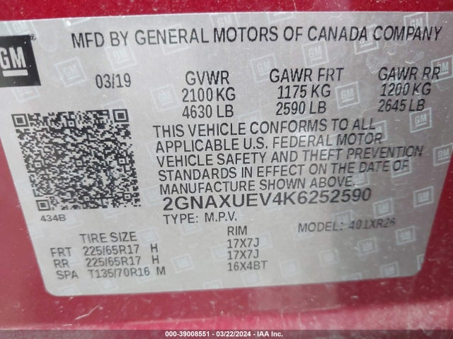 Chevrolet EQUINOX LT 2019 2GNAXUEV4K6252590 Image 9