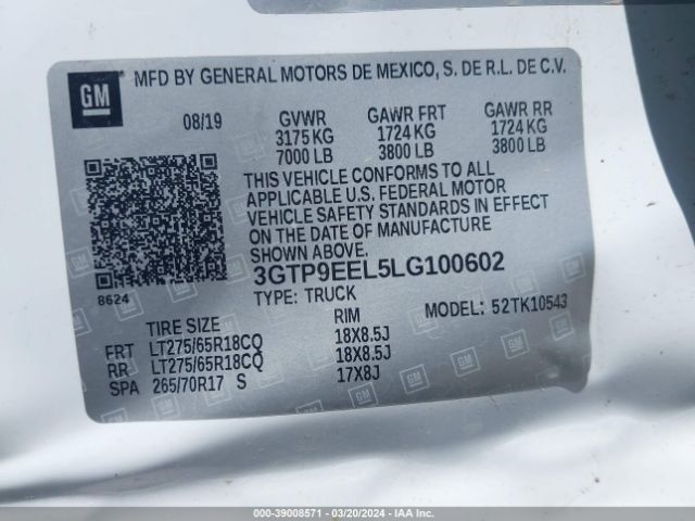 3GTP9EEL5LG100602 GMC Sierra 1500 4wd  Short Box At4