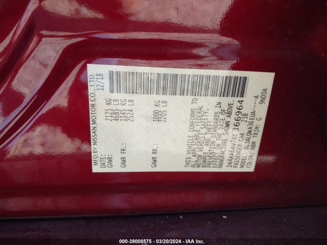 Nissan Maxima 3.5 S 2019 1N4AA6AV7KC366964 Image 9