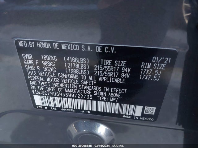 Honda Hr-v Awd Lx 2021 3CZRU6H33MM722735 Image 9
