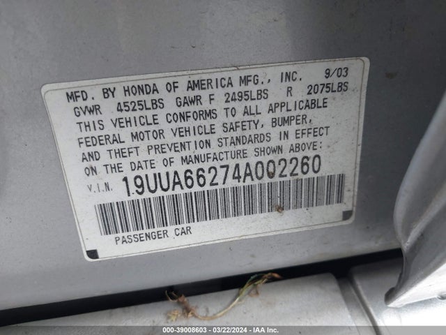 Продажа на аукционе авто 2004 Acura Tl, vin: 19UUA66274A002260, номер лота: 39008603