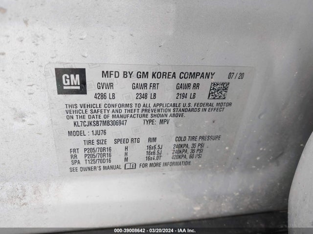 Chevrolet Trax Fwd Ls 2021 KL7CJKSB7MB306947 Image 9