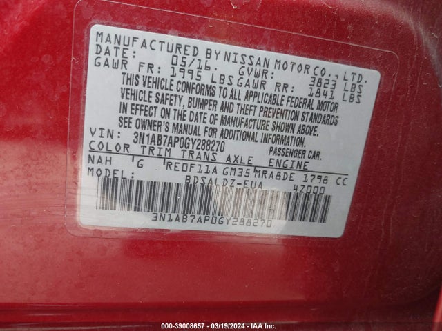 Nissan SENTRA SV 2016 3N1AB7AP0GY288270 Image 9