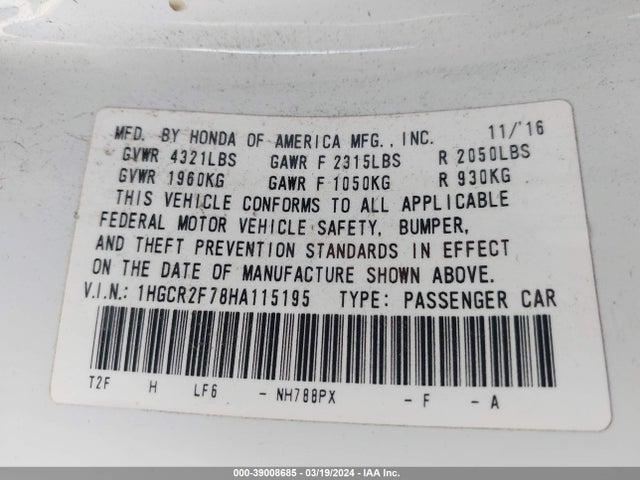Honda ACCORD EX 2017 1HGCR2F78HA115195 Image 9