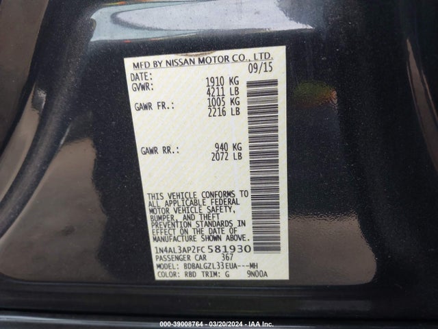 Nissan Altima 2.5 S 2015 1N4AL3AP2FC581930 Image 9